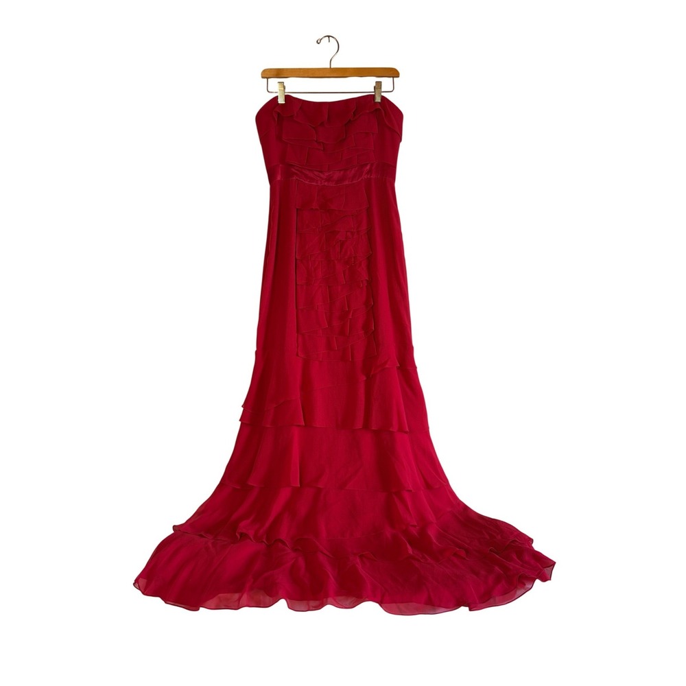 BCBGMaxazria Red Silk Gown Strapless Ruffle Tiered Formal‎ Dress Y2K 100% Silk
